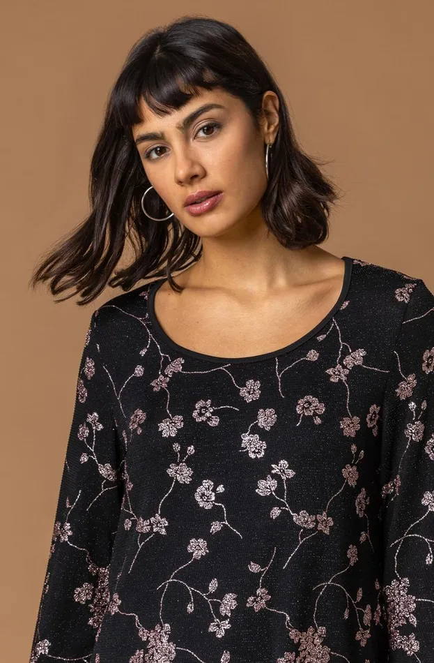 Women Copper Shimmer Floral Print Top Roman Tops