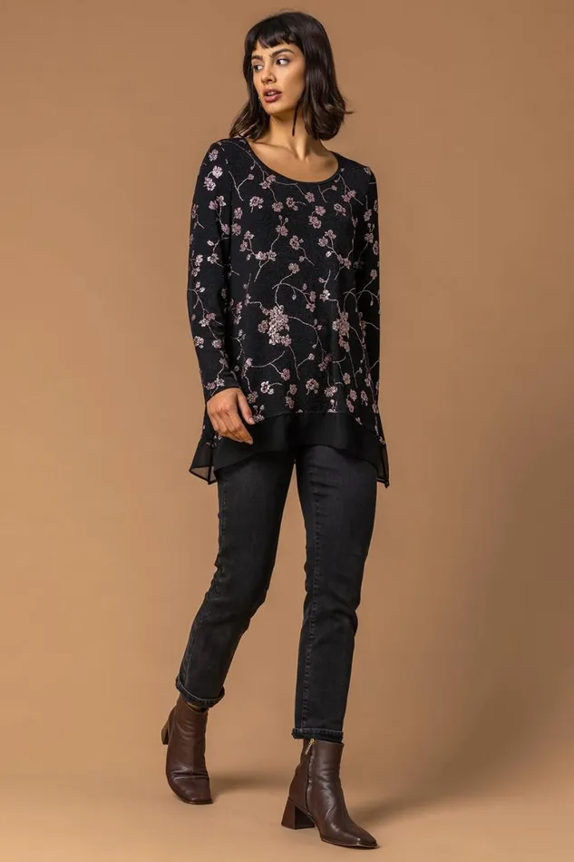 Women Copper Shimmer Floral Print Top Roman Tops