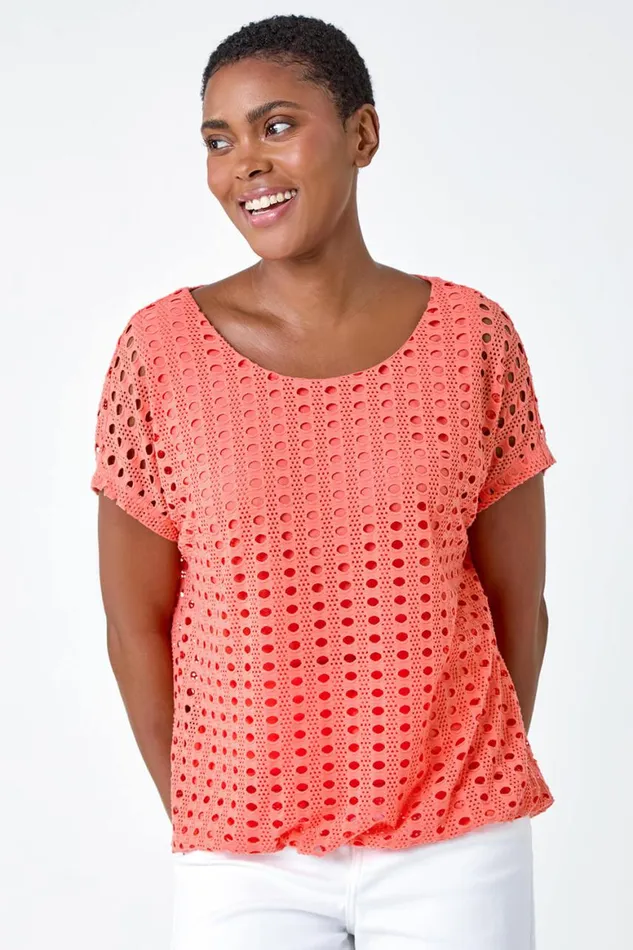 Women Coral Cut Out Detail Stretch Top Roman Tops