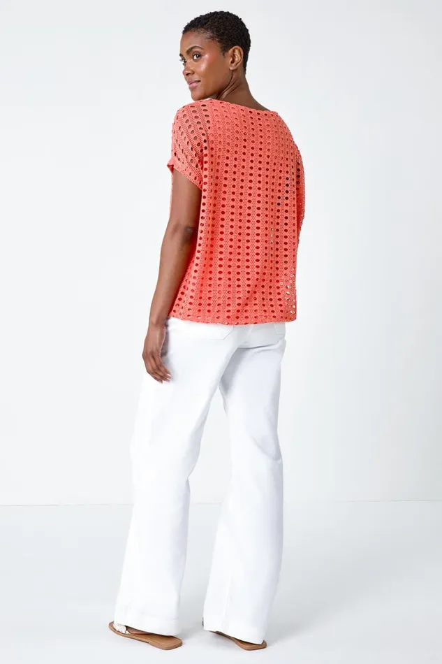 Women Coral Cut Out Detail Stretch Top Roman Tops