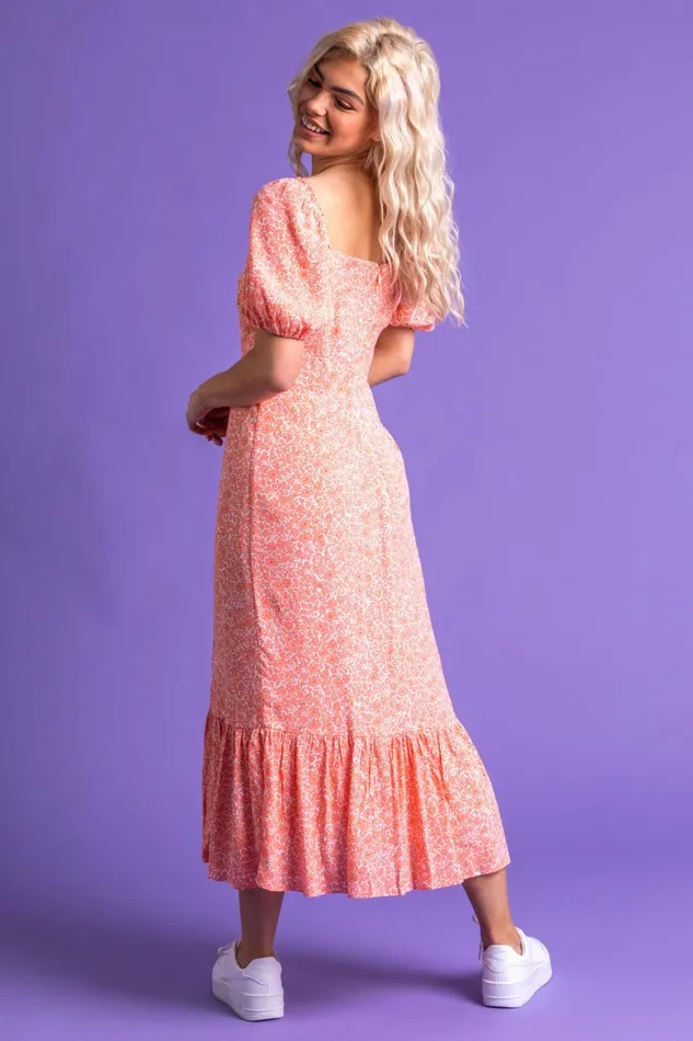 Women Coral Ditsy Floral Gathered Hem Midi Dress Roman Dresses