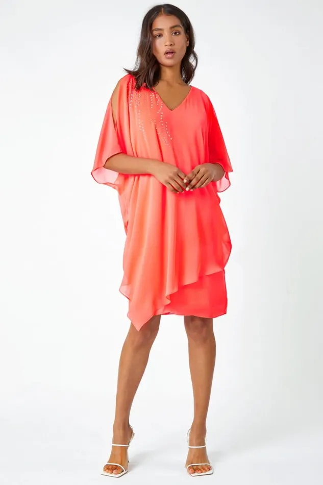 Women Coral Embellished Cold Shoulder Overlay Dress Roman Dresses