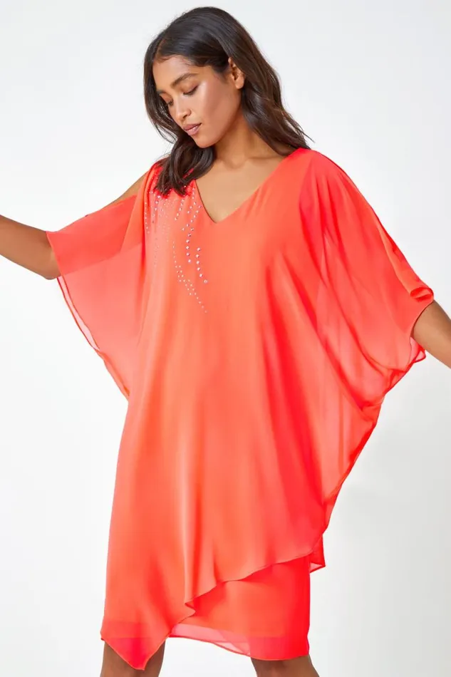 Women Coral Embellished Cold Shoulder Overlay Dress Roman Dresses