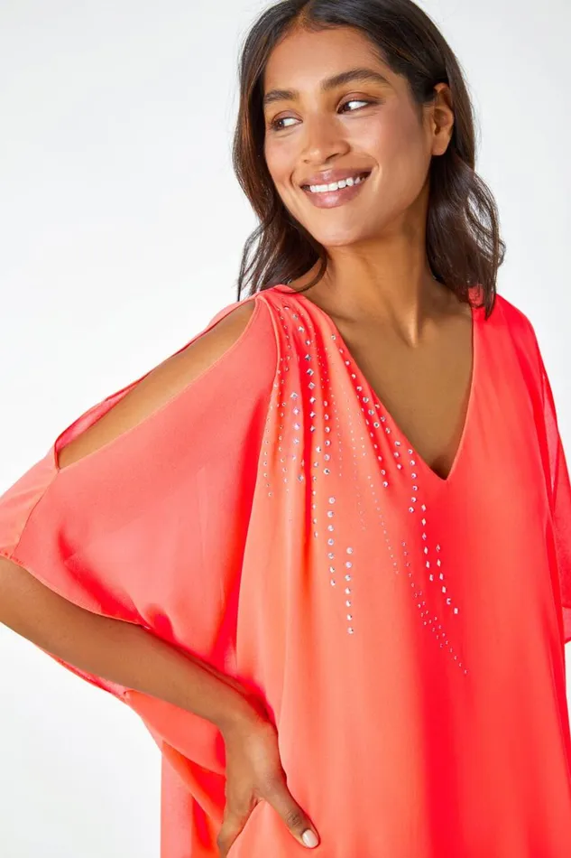 Women Coral Embellished Cold Shoulder Overlay Dress Roman Dresses