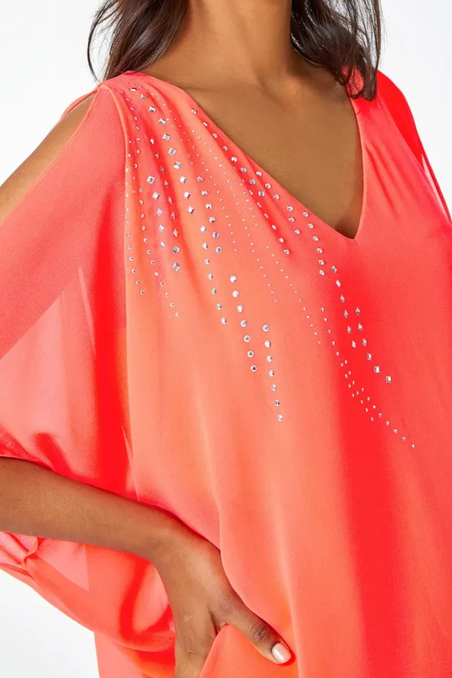 Women Coral Embellished Cold Shoulder Overlay Dress Roman Dresses