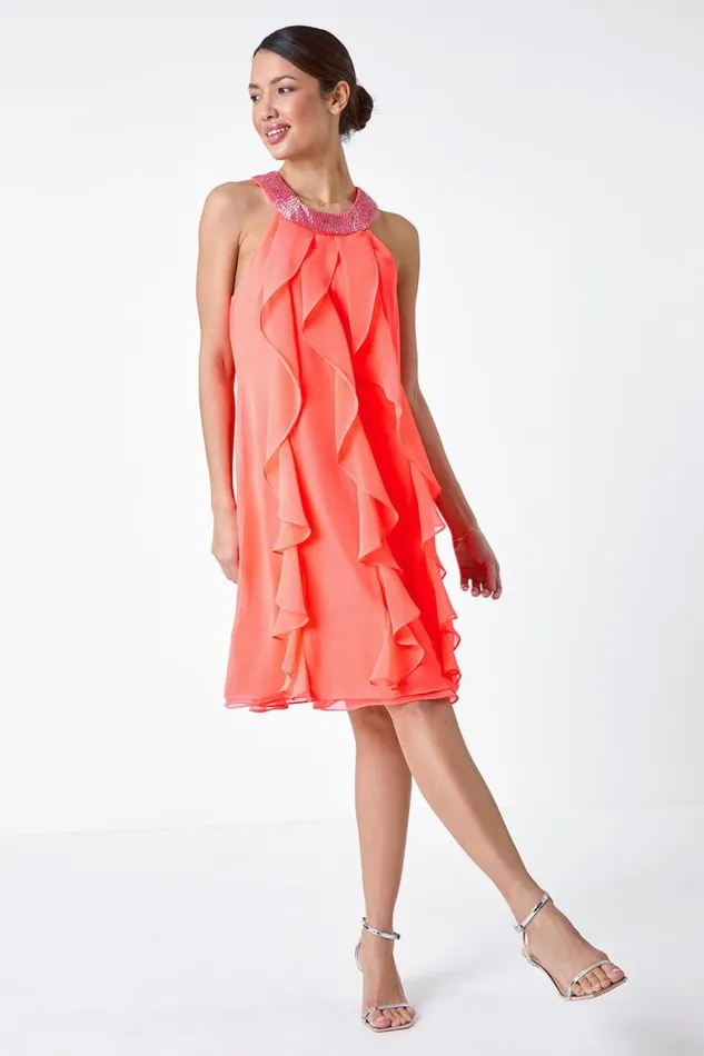 Women Coral Embellished Collar Frilled Chiffon Dress Roman Dresses