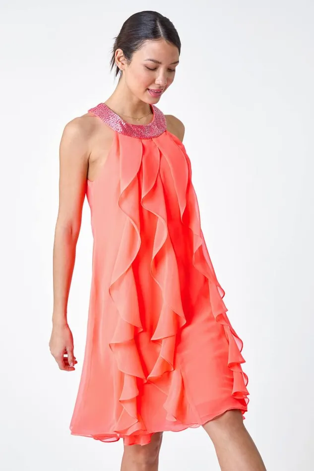 Women Coral Embellished Collar Frilled Chiffon Dress Roman Dresses