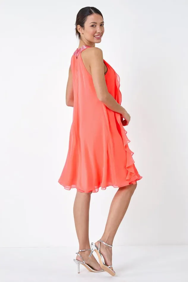 Women Coral Embellished Collar Frilled Chiffon Dress Roman Dresses