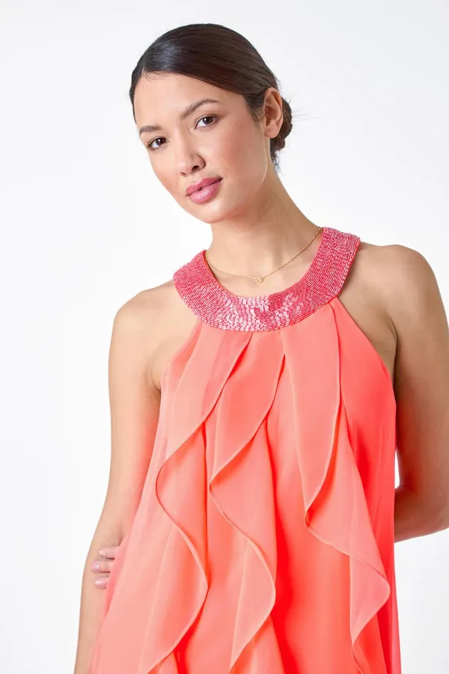 Women Coral Embellished Collar Frilled Chiffon Dress Roman Dresses