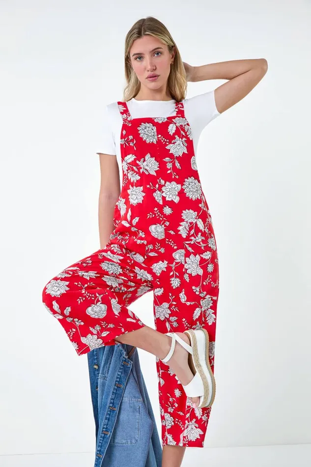 Women Coral Floral Print Pocket Jumpsuit Roman Dresses