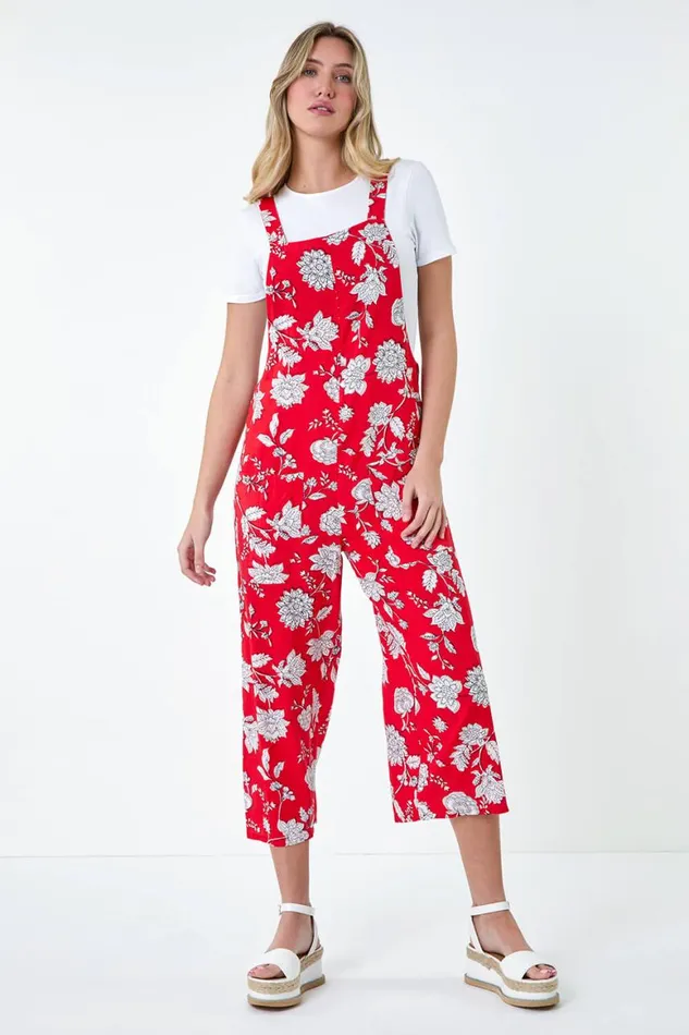 Women Coral Floral Print Pocket Jumpsuit Roman Dresses