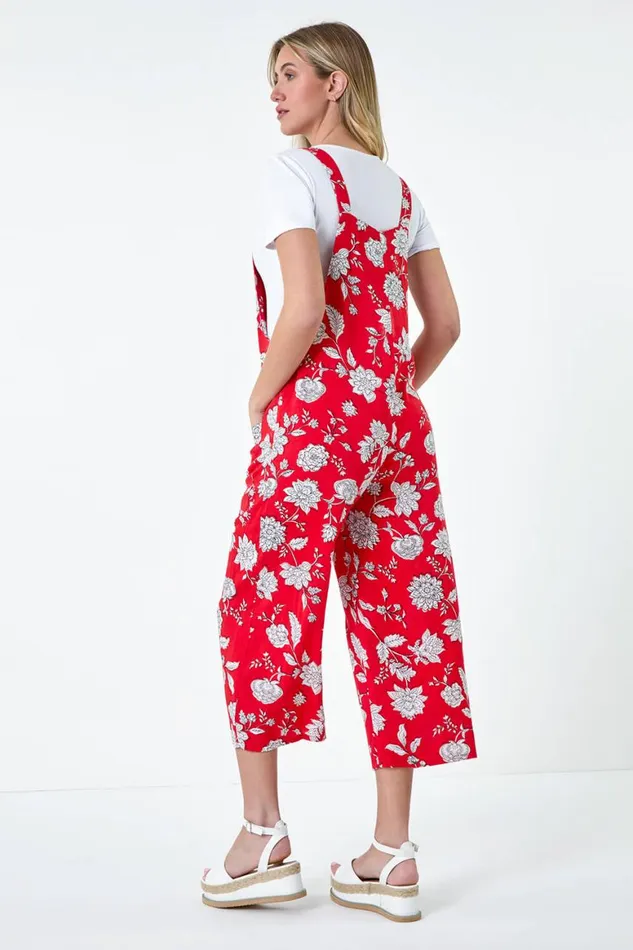 Women Coral Floral Print Pocket Jumpsuit Roman Dresses