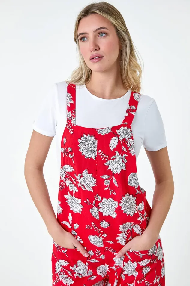 Women Coral Floral Print Pocket Jumpsuit Roman Dresses