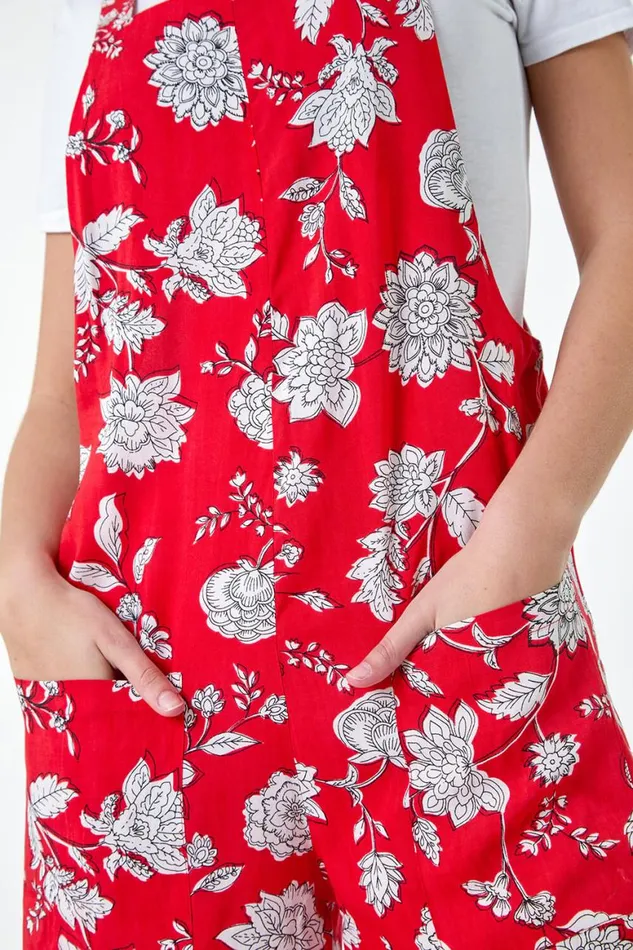 Women Coral Floral Print Pocket Jumpsuit Roman Dresses