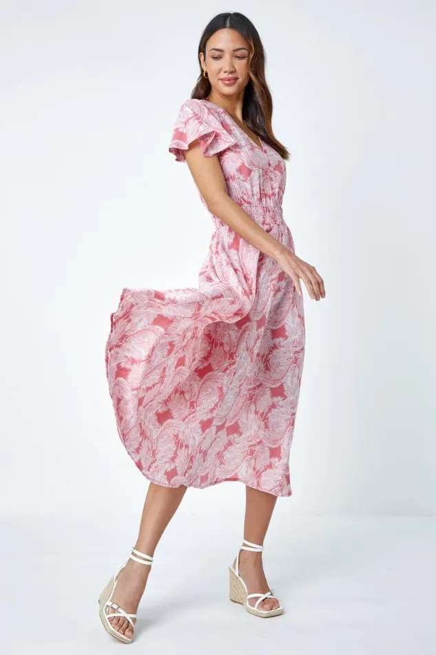 Women Coral Palm Print Tiered Midi Dress Roman Dresses