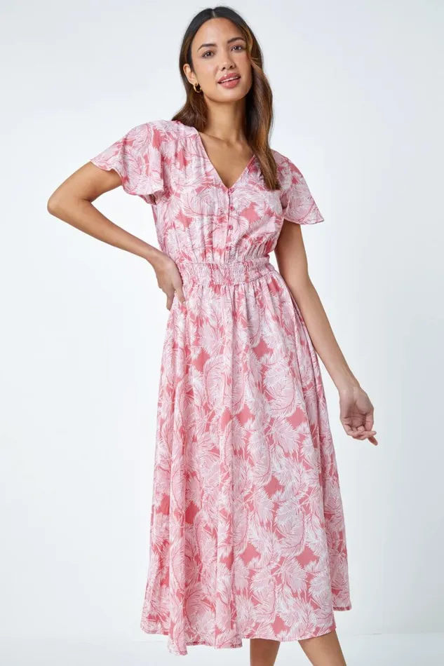 Women Coral Palm Print Tiered Midi Dress Roman Dresses