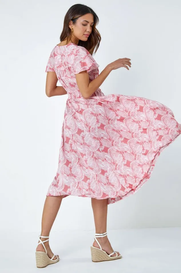 Women Coral Palm Print Tiered Midi Dress Roman Dresses