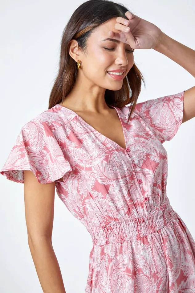 Women Coral Palm Print Tiered Midi Dress Roman Dresses
