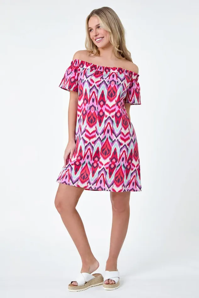 Women Coral Petite Aztec Print Cotton Bardot Dress Roman Dresses
