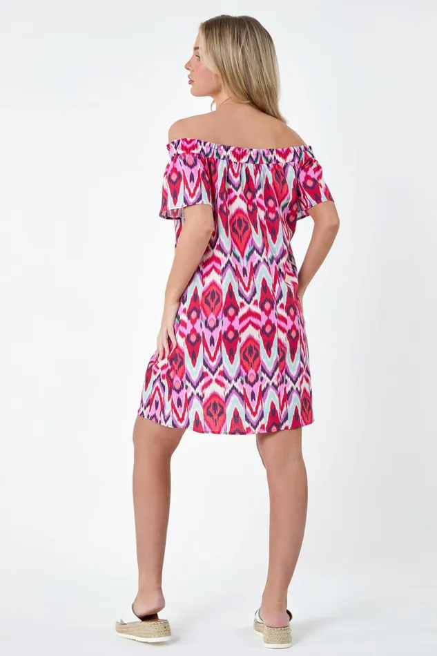 Women Coral Petite Aztec Print Cotton Bardot Dress Roman Dresses