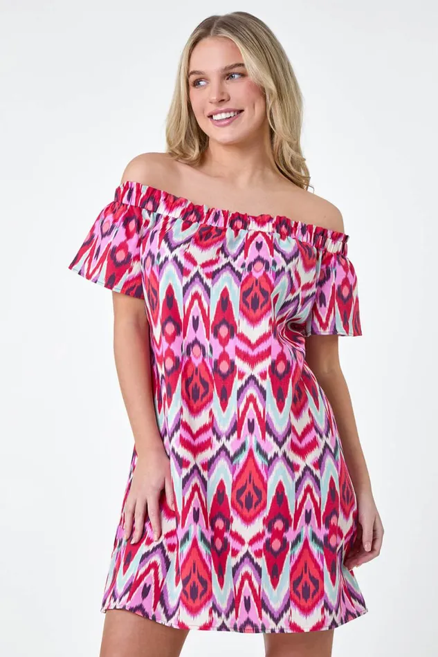 Women Coral Petite Aztec Print Cotton Bardot Dress Roman Dresses