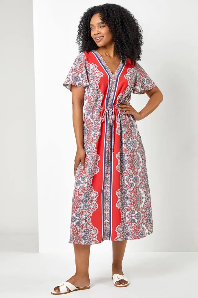 Women Coral Petite Paisley Border Print Midi Dress Roman Dresses