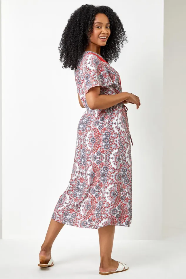 Women Coral Petite Paisley Border Print Midi Dress Roman Dresses