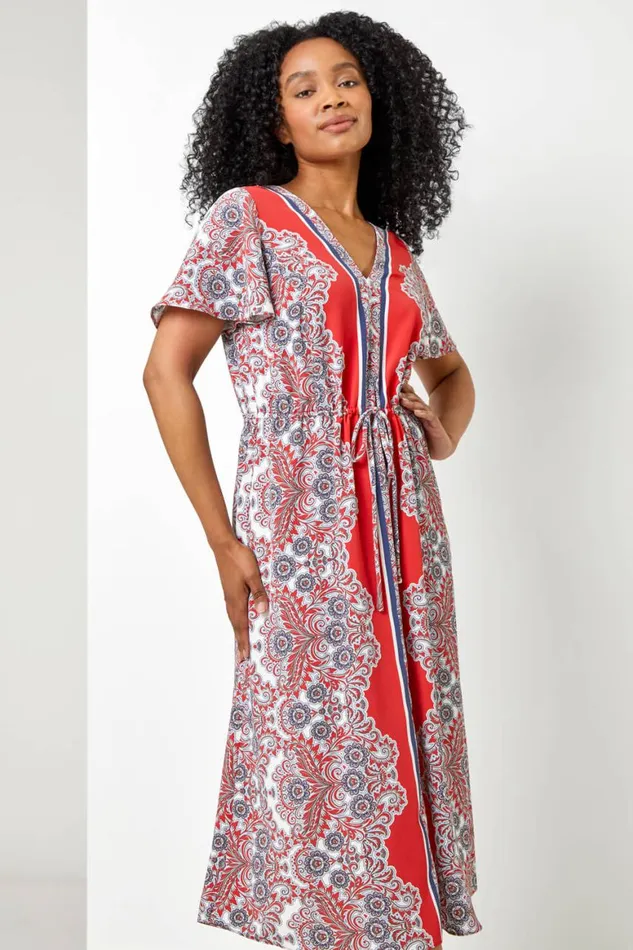 Women Coral Petite Paisley Border Print Midi Dress Roman Dresses