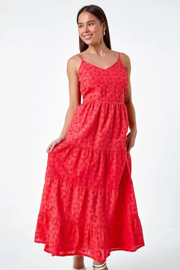 Women Coral Petite Tie Detail Broderie Dress Roman Dresses