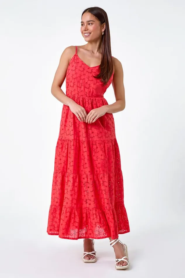 Women Coral Petite Tie Detail Broderie Dress Roman Dresses