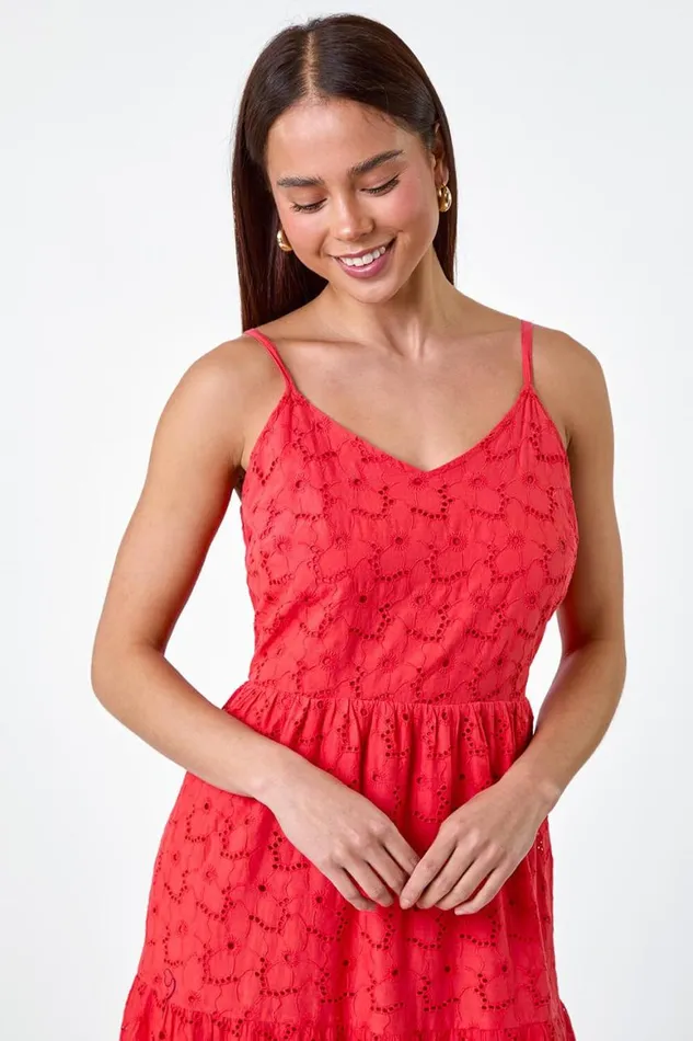 Women Coral Petite Tie Detail Broderie Dress Roman Dresses
