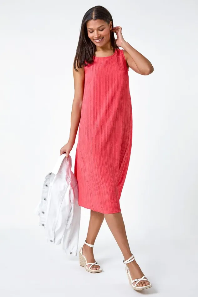Women Coral Textured Sleeveless Midi Dress Roman Dresses