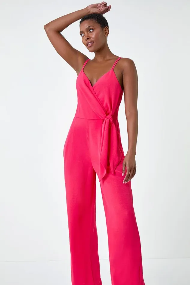 Women Coral Tie Waist Pocket Detail Wrap Jumpsuit Roman Dresses