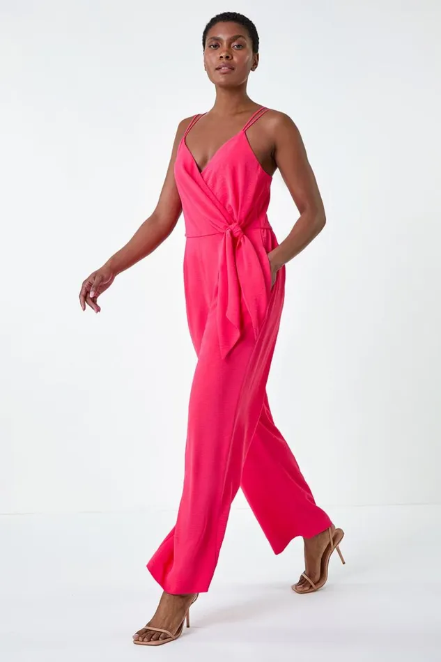 Women Coral Tie Waist Pocket Detail Wrap Jumpsuit Roman Dresses