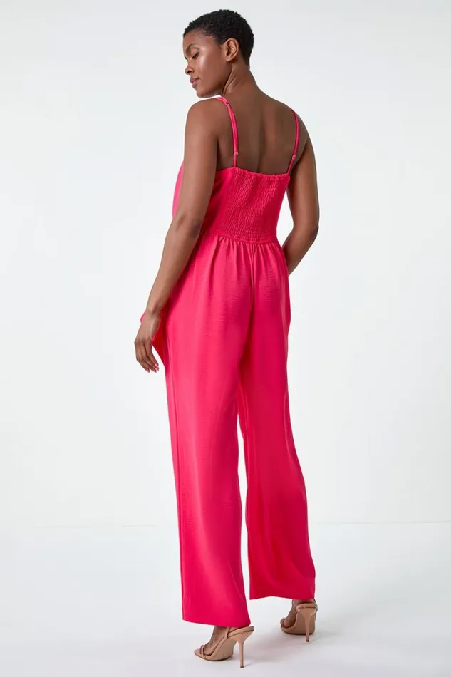 Women Coral Tie Waist Pocket Detail Wrap Jumpsuit Roman Dresses