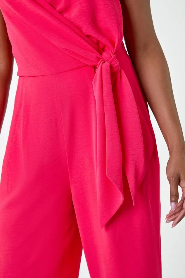 Women Coral Tie Waist Pocket Detail Wrap Jumpsuit Roman Dresses