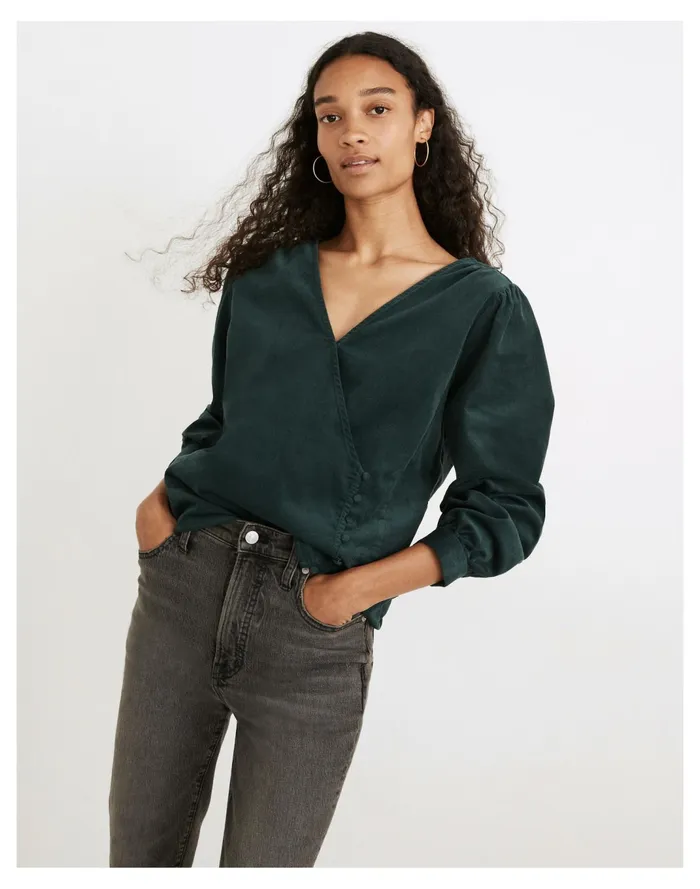 Women Corduroy Kinston Side Button Wrap Top Midnight Green Madewell Tops and Shirts