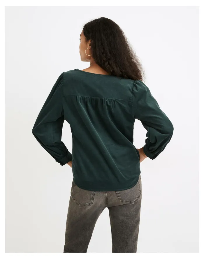 Women Corduroy Kinston Side Button Wrap Top Midnight Green Madewell Tops and Shirts Women Corduroy Kinston Side Button Wrap Top Midnight Green Madewell Tops and Shirts
