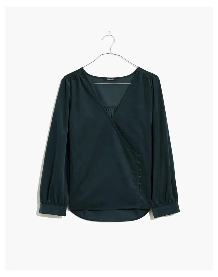 Women Corduroy Kinston Side Button Wrap Top Midnight Green Madewell Tops and Shirts Women Corduroy Kinston Side Button Wrap Top Midnight Green Madewell Tops and Shirts