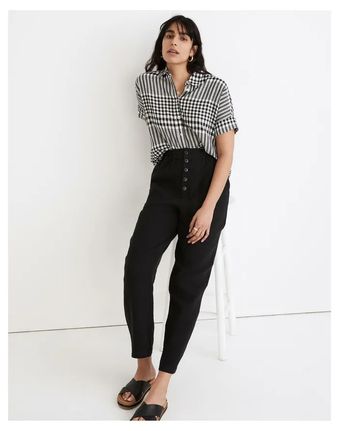 Women Cotton Linen Pull On High Rise Tapered Pants True Black Madewell Pants