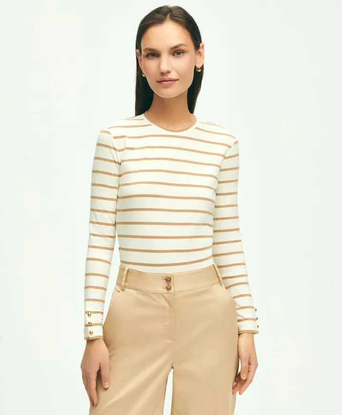 Women Cotton Modal Stripe Crewneck Tee Cream Multi Brooks Brothers Blouses and Shirts