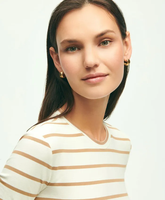 Women Cotton Modal Stripe Crewneck Tee Cream Multi Brooks Brothers Blouses and Shirts