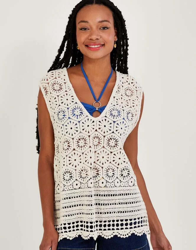 Women Crochet VNeck Loose Tank Top Natural Monsoon Knitwear