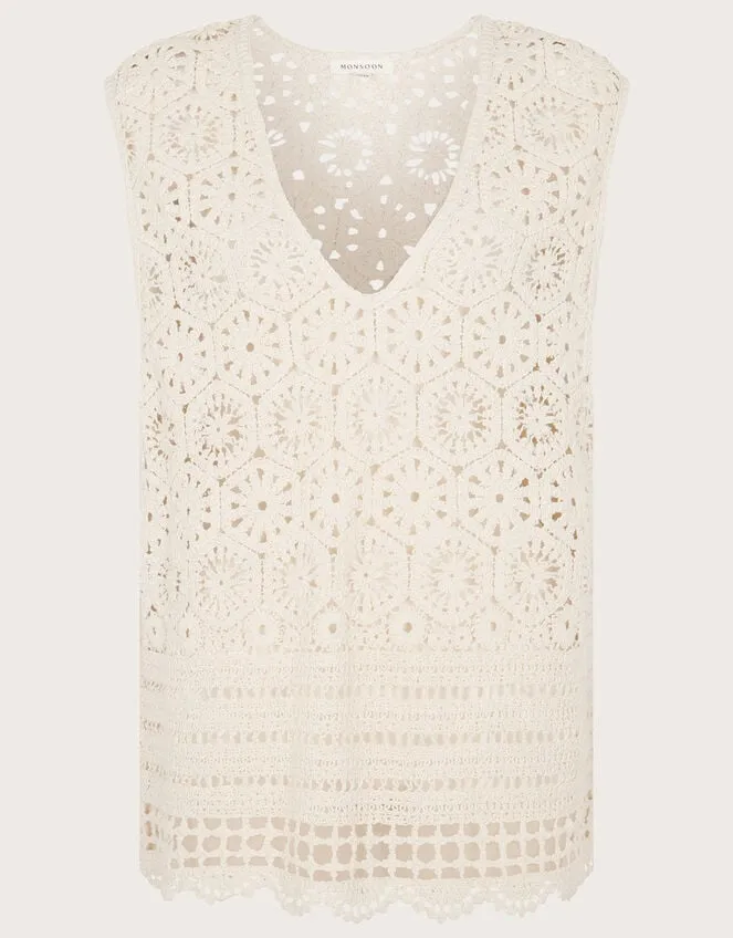 Women Crochet VNeck Loose Tank Top Natural Monsoon Knitwear