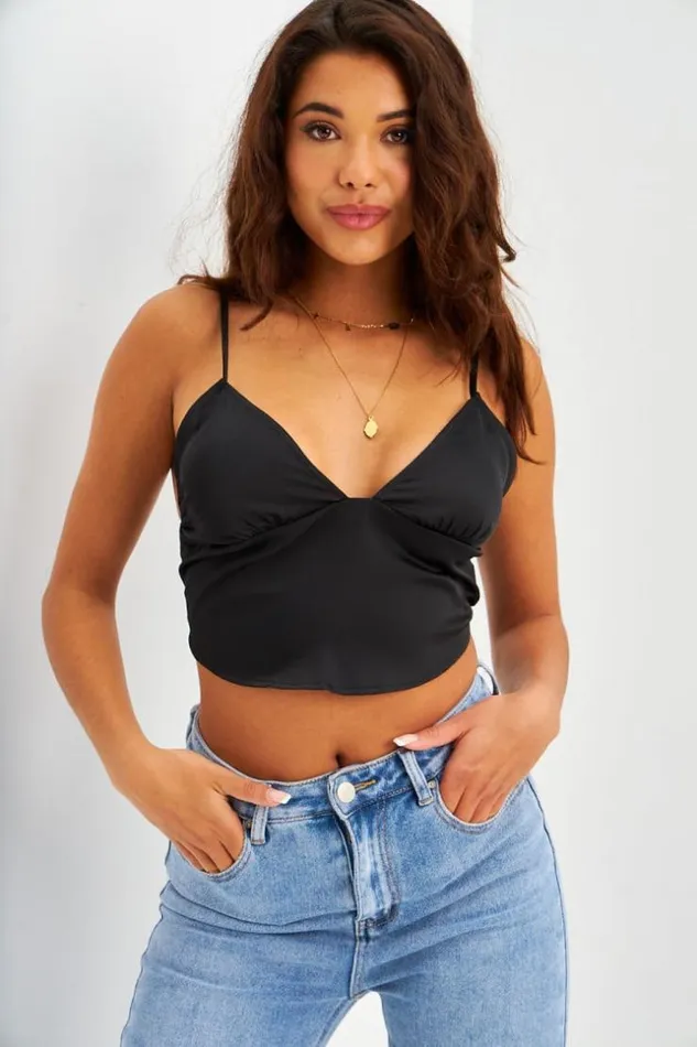 Women Crop Top Noir Satin Forme Triangle Brentiny Paris Top And Tank Tops
