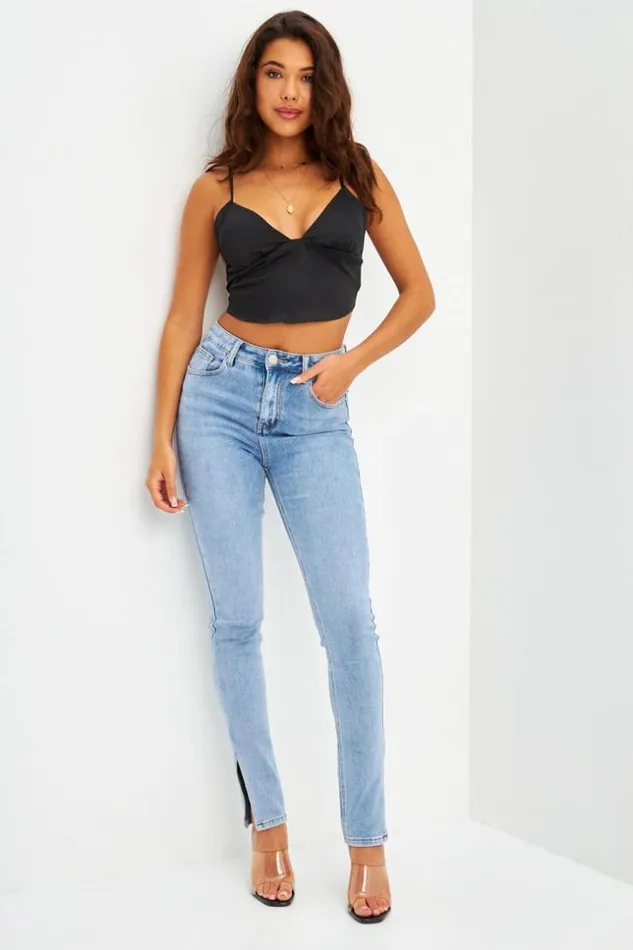 Women Crop Top Noir Satin Forme Triangle Brentiny Paris Top And Tank Tops