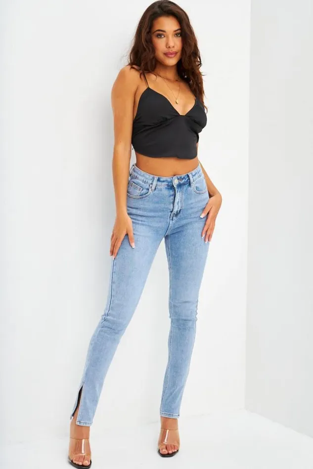 Women Crop Top Noir Satin Forme Triangle Brentiny Paris Top And Tank Tops