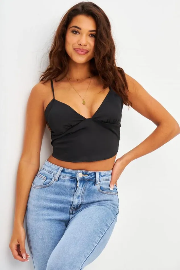 Women Crop Top Noir Satin Forme Triangle Brentiny Paris Top And Tank Tops