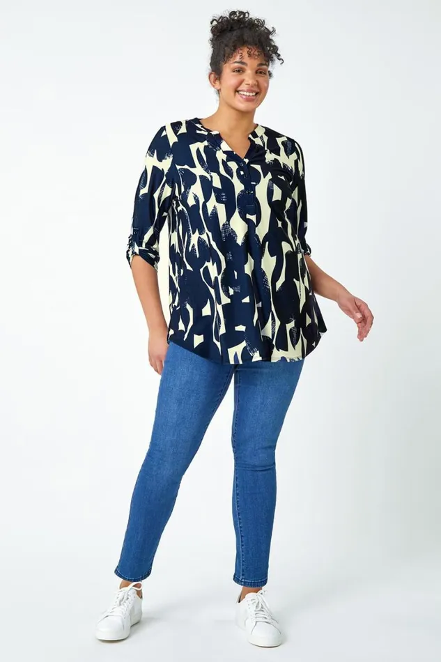 Women Curve Abstract Print VNeck Jersey Tunic Top Roman Tops