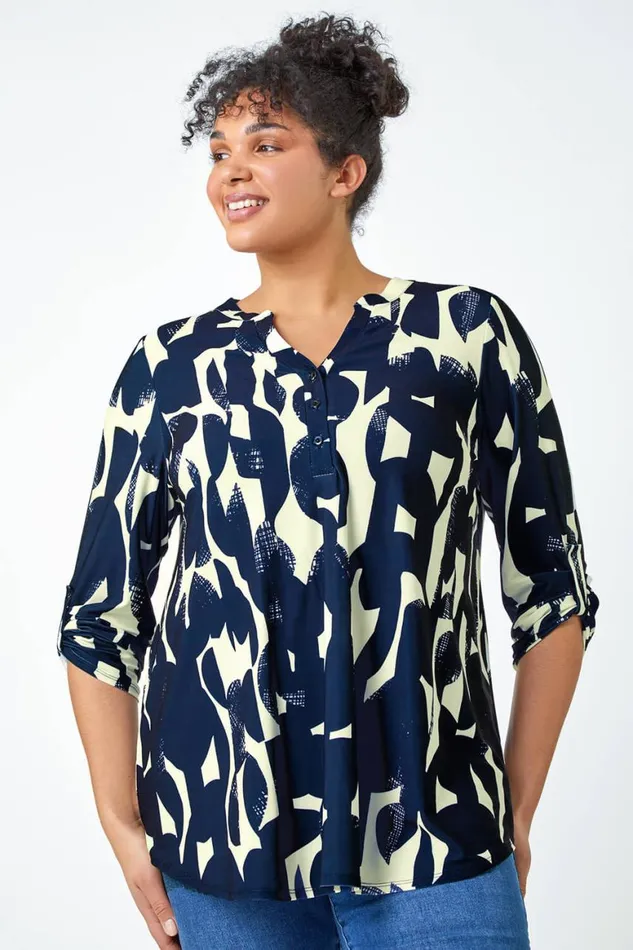 Women Curve Abstract Print VNeck Jersey Tunic Top Roman Tops